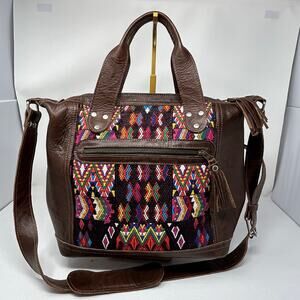 Large Handbag Crossbody Guatelmalan Leather Embroidered Colorful Huipil Artisan